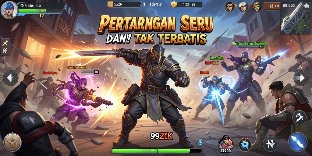 Gameplay pertarungan intens di 99ZK dengan karakter yang unik.