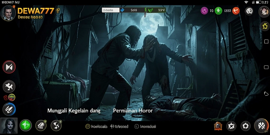 Screenshot gameplay DEWA777 yang menegangkan dengan suasana Horror.