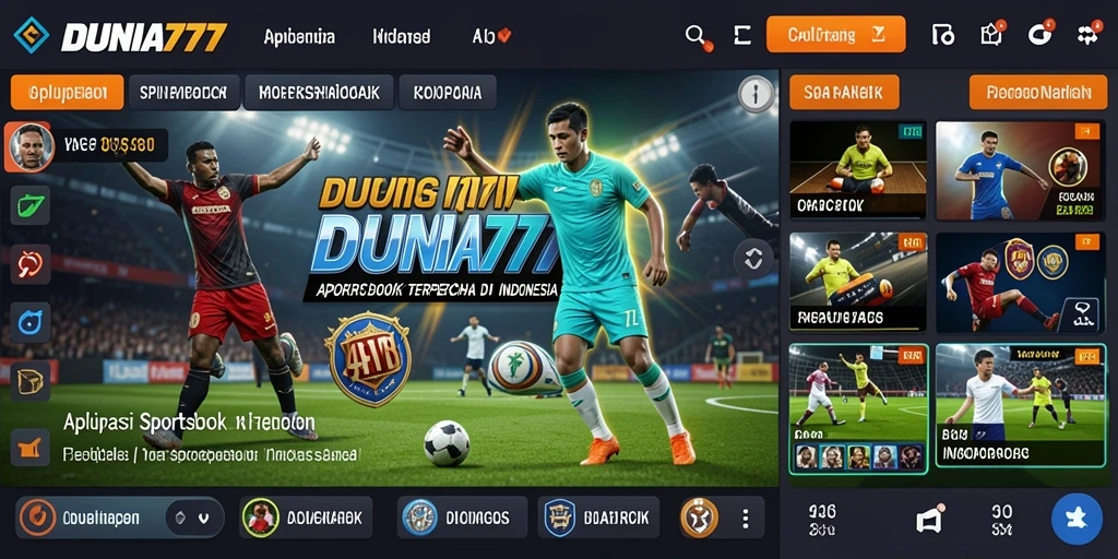 Screenshot utama DUNIA777 menampilkan antarmuka aplikasi Sportsbook yang menarik.