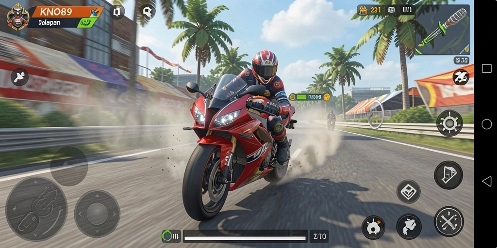 Screenshot gameplay KNO89 menampilkan aksi balapan motor yang seru.