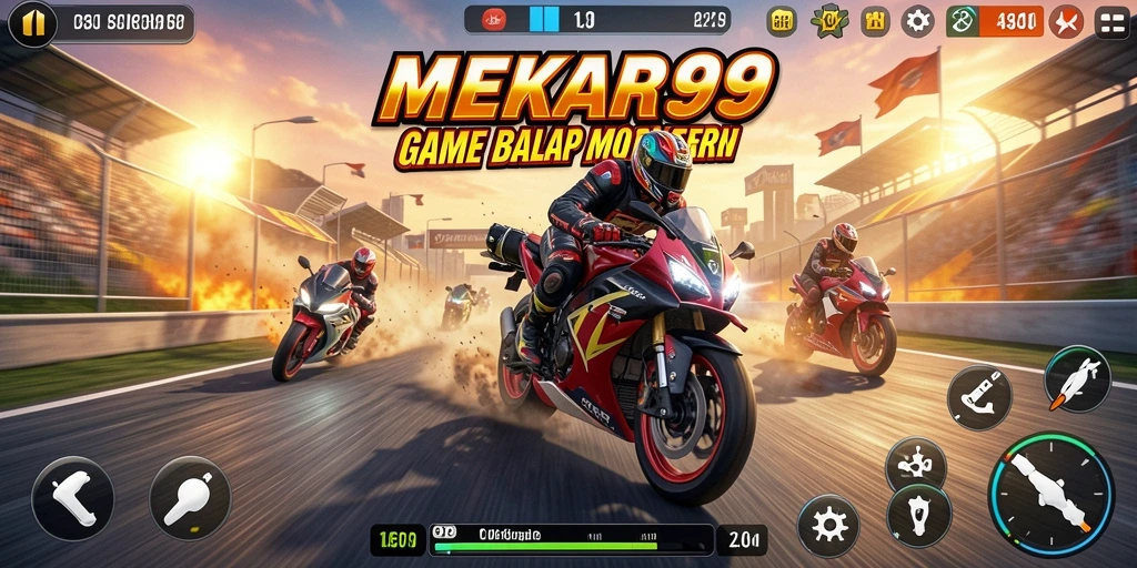 Gameplay seru MEKAR99 dengan balapan motor yang mendebarkan.