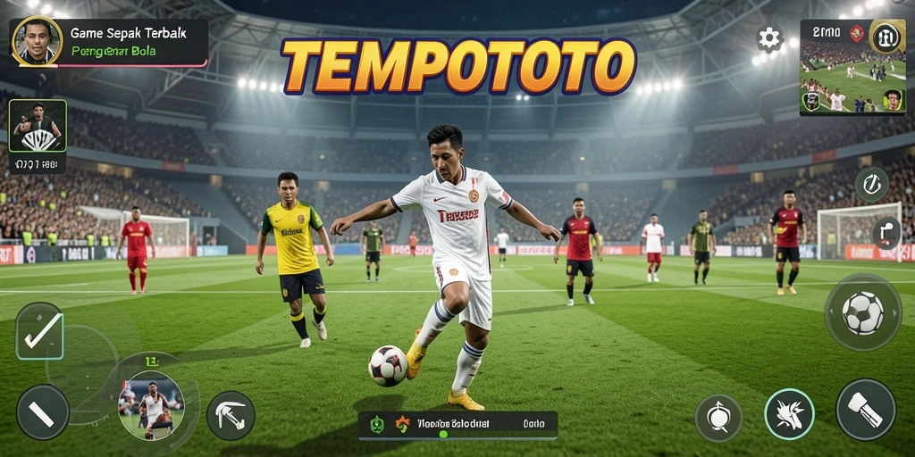 Tangkapan layar gameplay TEMPOTOTO menampilkan aksi seru pertandingan sepak bola.